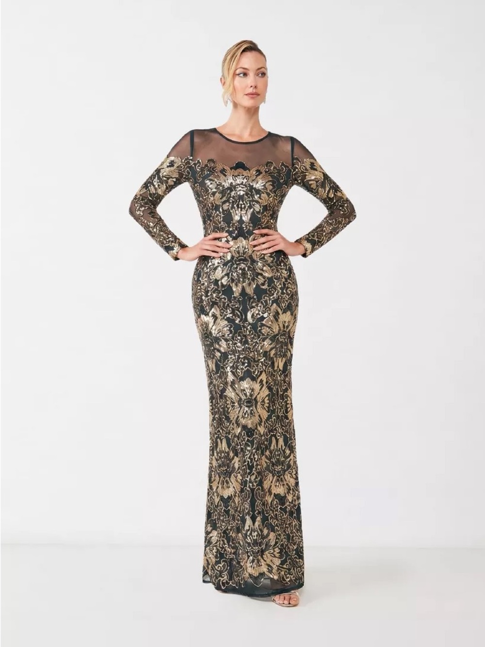 Tadashi Shoji Black & Gold Lace-Embroidered Sheer-Sleeve Gown - Picture 3 of 12
